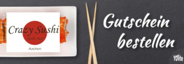 Abbildung einer Sushi-Platte mit Stäbchen und dem Crazy Sushi Logo